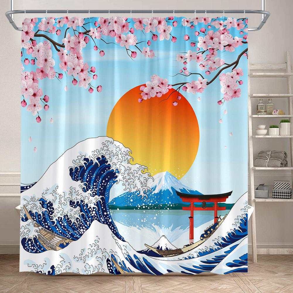 Japanese Style Floral Shower Curtain Pink Cherry Blossom Koi Fish Sea Waves Abstract Mountain Scenery Bathroom Curtain Decor Set