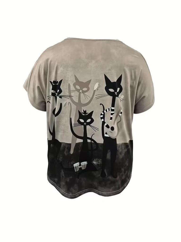 Ladies Cat Graphic Print V Neck Tee Short Sleeve Casual Summer T-Shirt