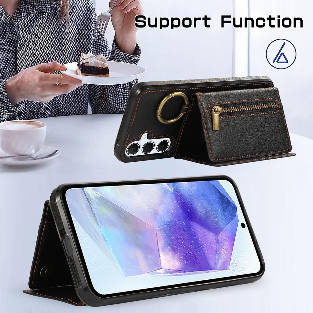 For Samsung Galaxy S25/S24 Leather Back Cover Zipper Wallet Kickstand Phone Case with Shoulder Strap