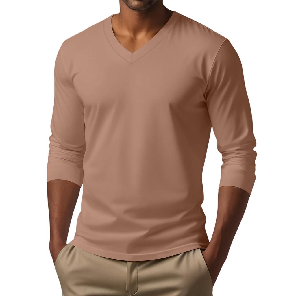 Men's V-neck Casual Solid Color Long-sleeved T-shirt Top