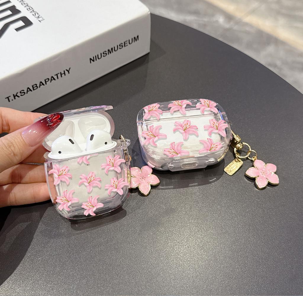 Pink Flowers Pattern Transparent Earphone Case with Lily Pendant Suitable for AirPods 1 2 3 4 Pro Pro2