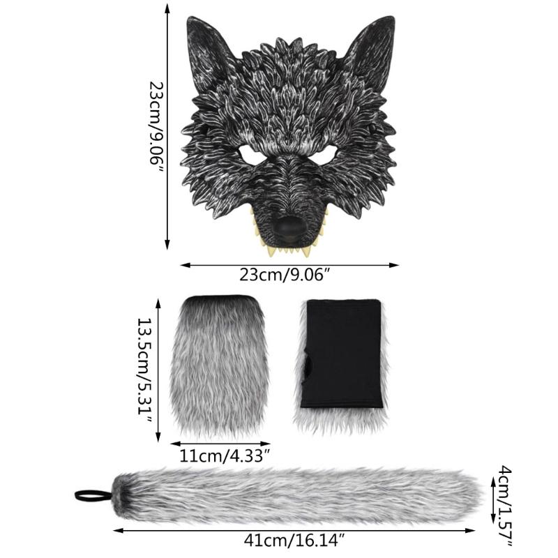 2/3Pcs Wolf Costume Set Wolf Tail Wolf Mask Gloves Set Halloween Christmas Fancy Party Costume Toys Animal Cosplay Props