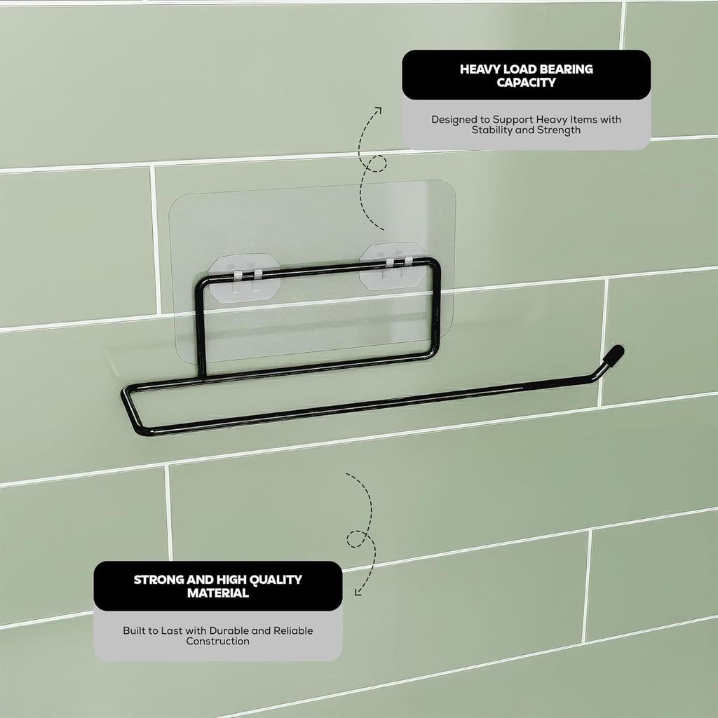 Self Adhesive Towel Holder in Bathroom | Toilet Paper Roll Holder | Tissue Roll Hanger for Kitchen, Black (Pack of 2)