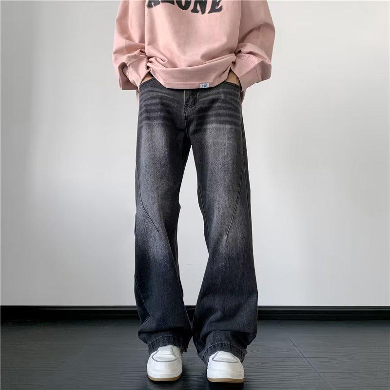 Men's Retro Washed Distressed Flared Wide-Leg Jeans - Trendy Loose Fit for Autumn