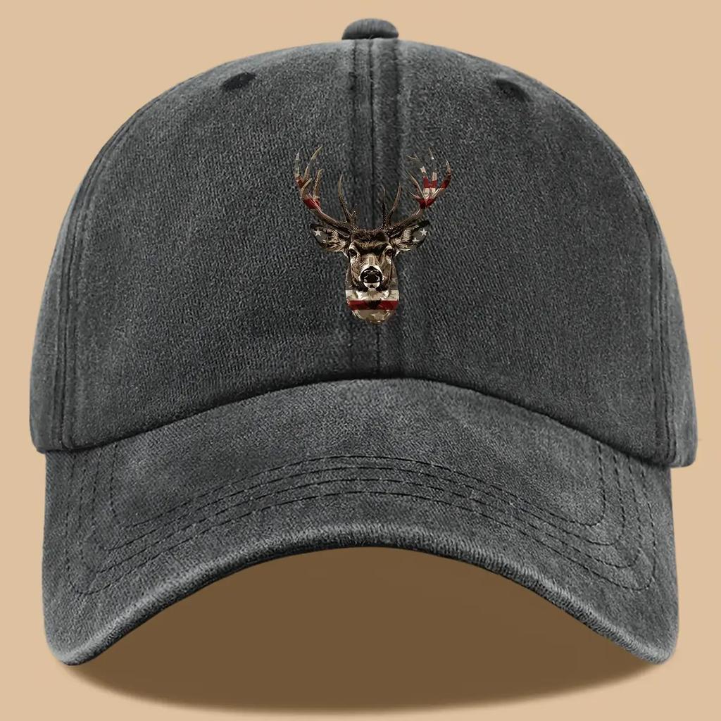 Deer Head American Flag Graphic Baseball Cap Adjustable Polyester Outdoor Casual Unisex Adult Washed Hat