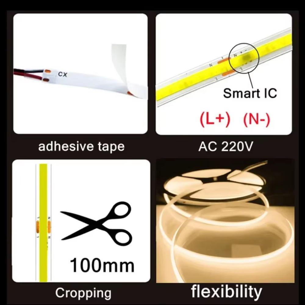 220V COB LED Páskové světlo 10m Flexibilní Páskové světlo Smart IC Není potřeba ovladač Vysoký Jas 240 LED Lineární Osvětlení RA95