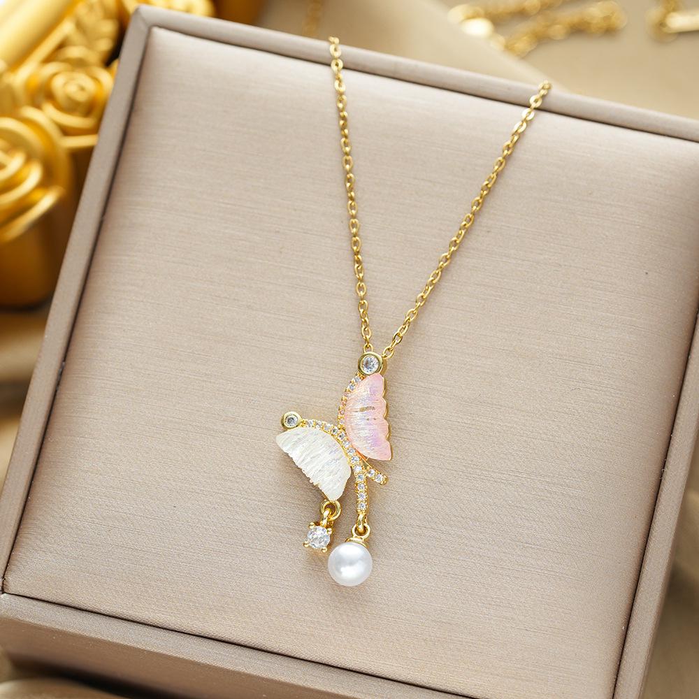 Titanium Steel Zircon Butterfly Pendant Necklace - Simple & Versatile Clavicle Accessory