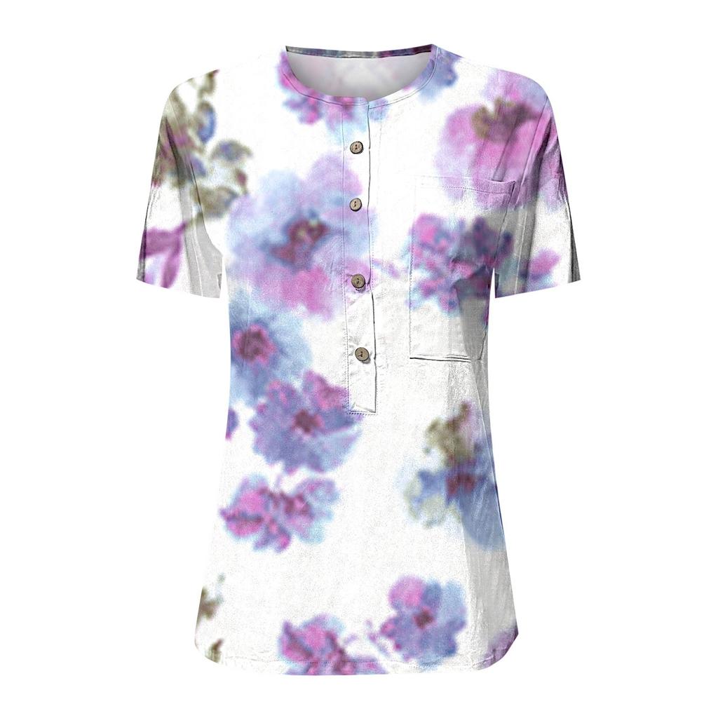 Women's Summer Casual Fashion Cotton Linen Printed Women's Short Sleeve Shirt Tops