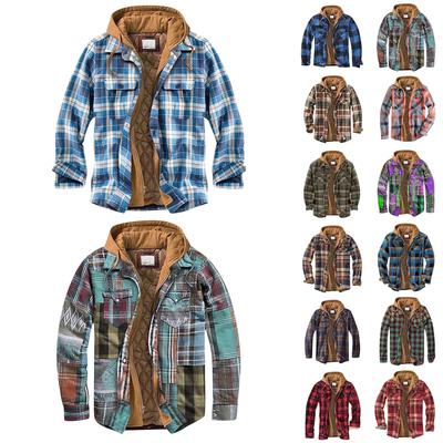 Camicia scozzese da uomo trapuntata foderata con bottoni Aggiungi velluto per mantenere calda la giacca con cappuccio(Stampa senza posizionamento)