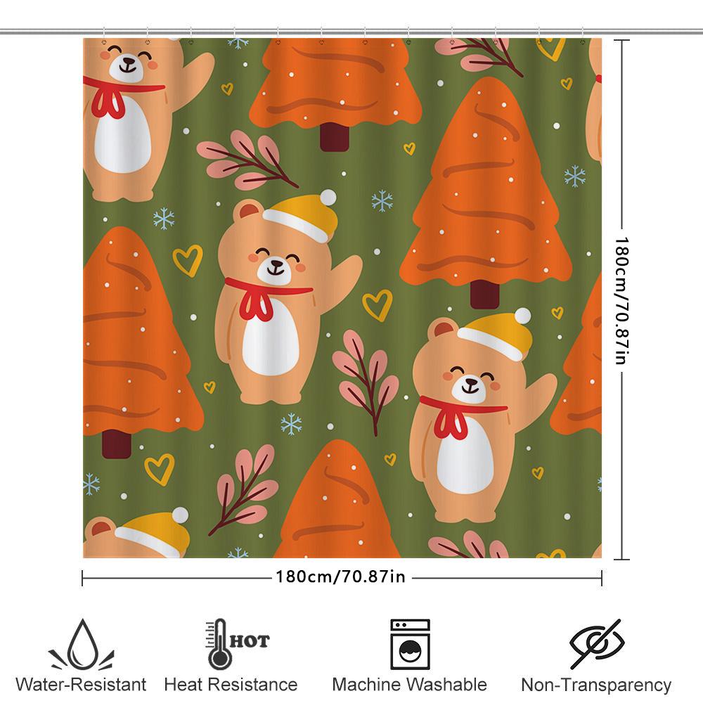 Whimsical Christmas Tree Bears Shower Curtain Set For Bathroom Decor Green Orange Plaid Fabric With Cute Cartoon Print