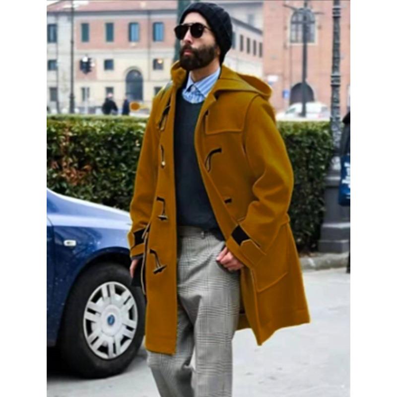 

Woolen Coat Men s Horn Buckle Thickened Hooded Jacket Woolen Trench Coat M