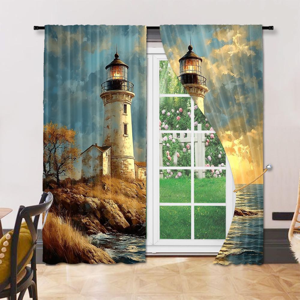 Set Of 2 Versatile Polyester Transparent Curtains Home Decoration Lighthouse Use Bedrooms Living Rooms Curtain Ideal For Sitting Room