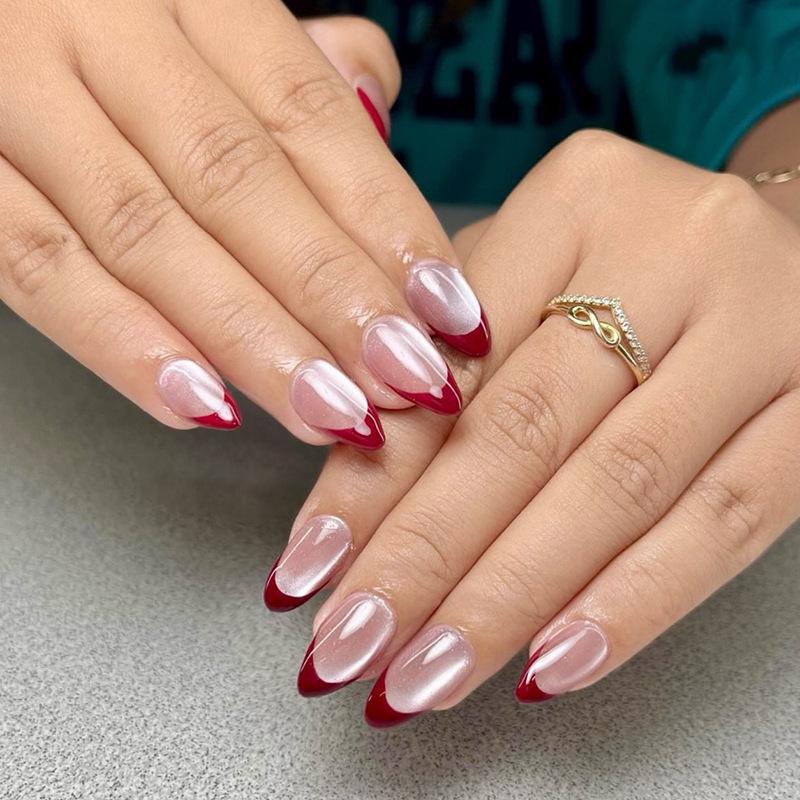 Moonlight Cat Eye Retro Red French Manicure Press-On Nails - European & American Instagram Style