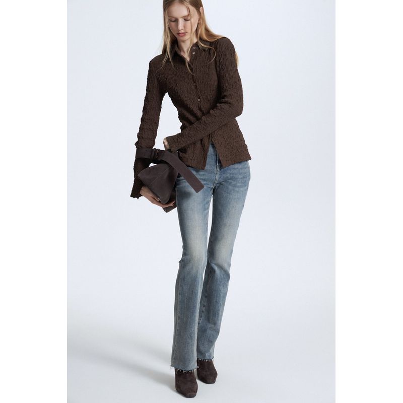 

Russian Single L s XS-XL Jinhong Wrinkle Three-Dimensional Bubble Texture Top Solid Lapel Long sleeve Elastic Shirts Autumn Brown S