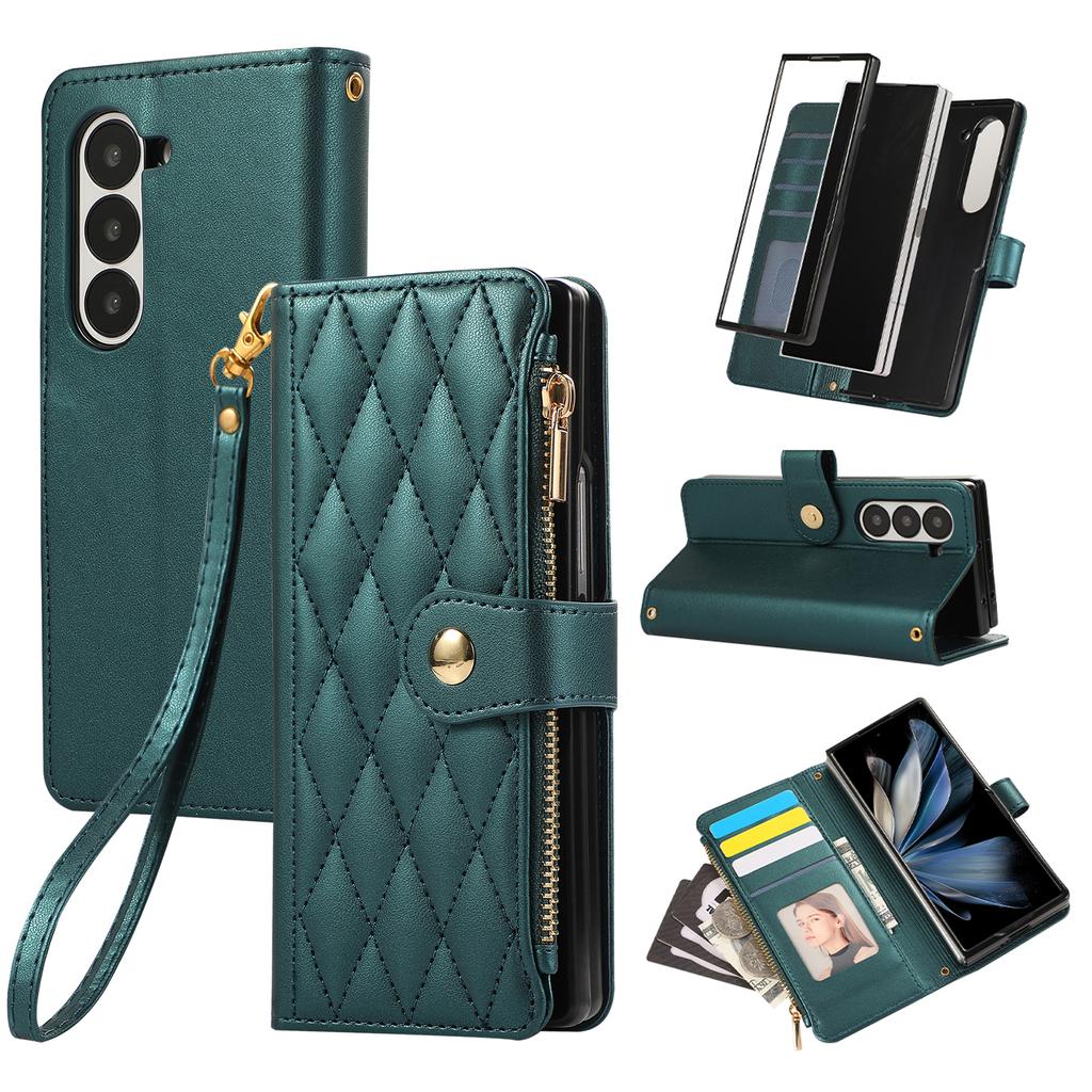 For Samsung Galaxy Z Fold6 5G Case Multi Card Slots Zipper Rhombus Leather Phone Cover with Wrist Strap