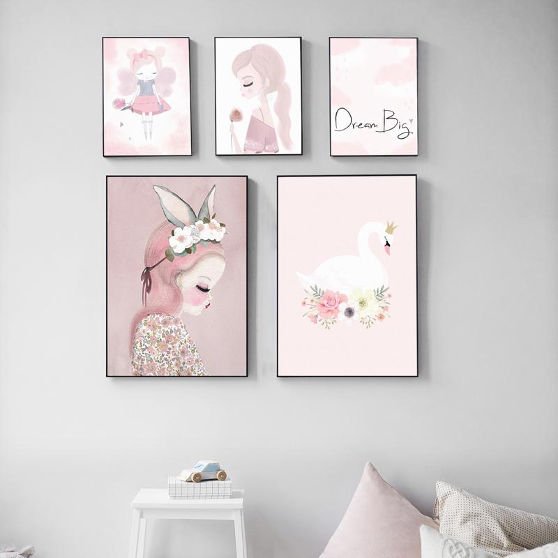 Nordisk Akvarell tegneserie Enhjørning Hjort Kanin Jente Lerretsmaleri Blomsterplakat Svaneveggbilder Barnerom Hjemdekorasjon
