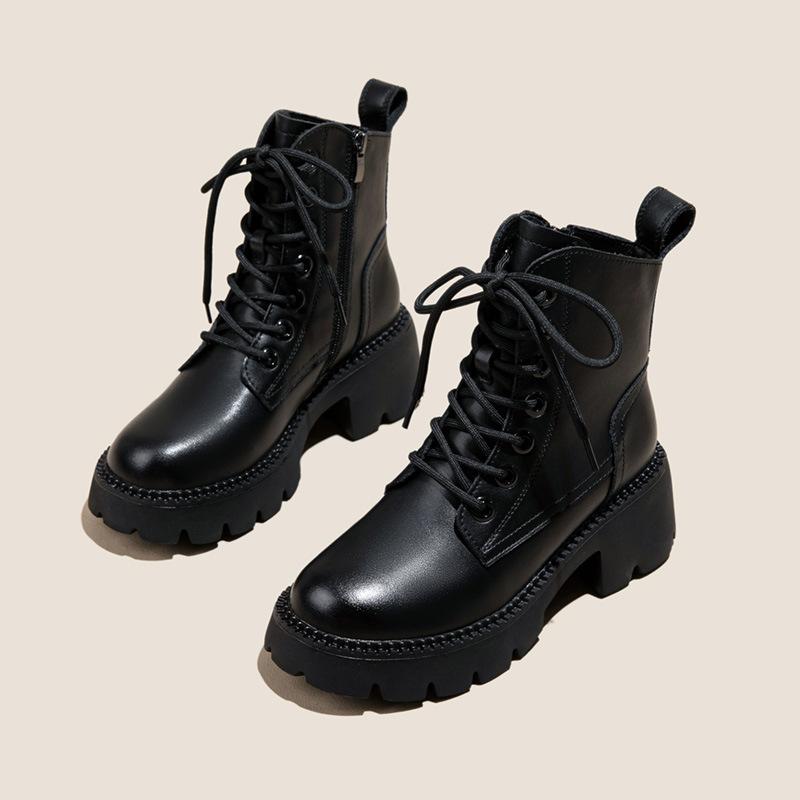 Women New Fashion Short Boots Women Cowhide Retro British Style Ankle Boots Casual Zipper High Heels Thick Soled Women Shoes