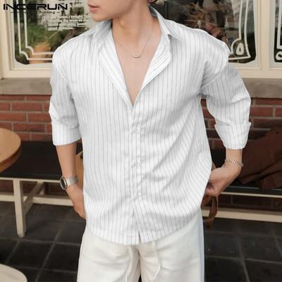 Oversized Men Casual Lapel Neck Long Sleeve Striped Print Office Shirts Tops
