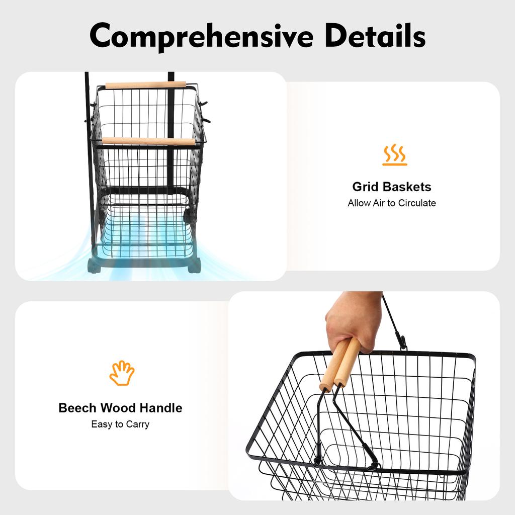 2-Tier Laundry Hamper Cart with Wheels, Heavy-Duty Iron Frame Storage Organizer Basket for Clothes Toys, Modern Black