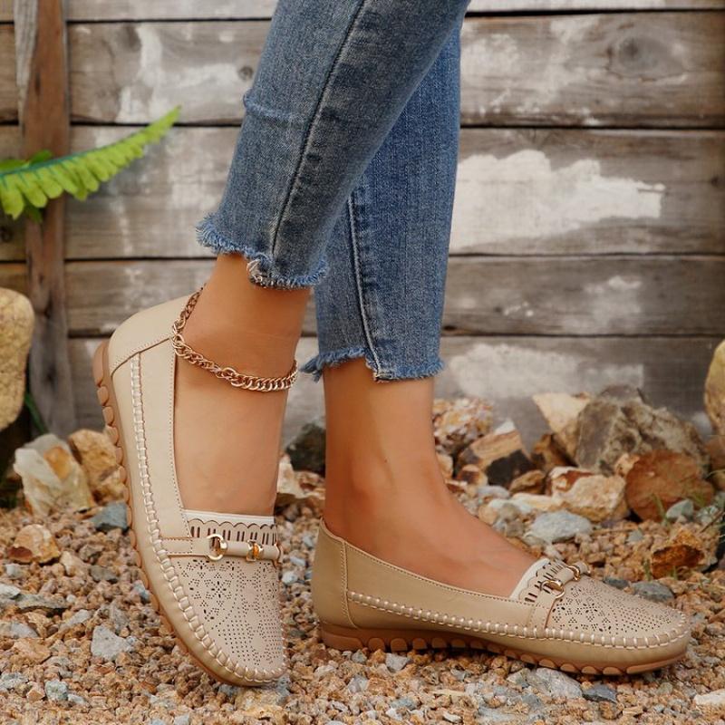 Women's Perforated Flat Loafers with Golden-Tone Buckle Detail - Breathable Faux Cover Slip-On Shoes, Lightweight & Comfortable for Casual Wear
