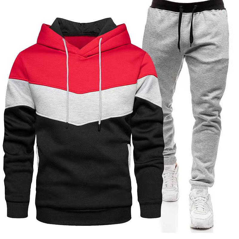 Sports Suit Men's Plus Loose Hooded Sweatshirt Sweatpants Color Blocked 2-piece Set Light Panel