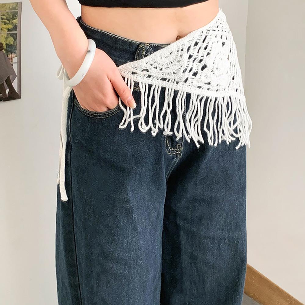 Bohemian Knitted Butt Flap Hollowing Out Tassel Hip Apron Triangular Scarf Tie Straps  Women Girls