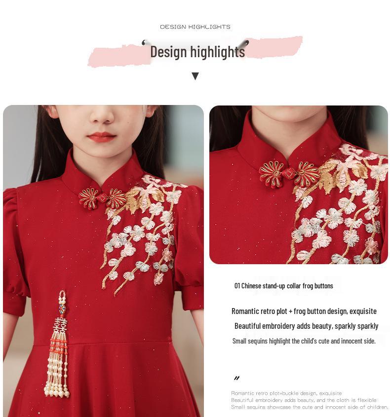 Summer Girls' Red Qipao - Chinese Style Formal Dress for Medium & Large Kids