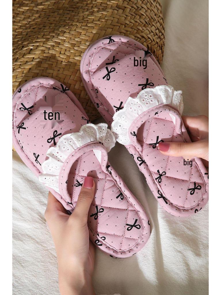 Korean Style Handmade Cotton Bow Soft Sole Indoor Slippers