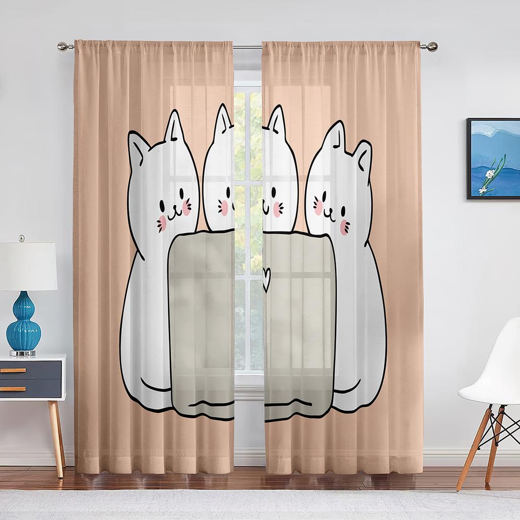 Lustige Cartoon Katze Tüllvorhänge für Wohnzimmer Schlafzimmer Dekoration Niedliche Kätzchen Tier Farbe Chiffon Transparent Voile Fenstergardine