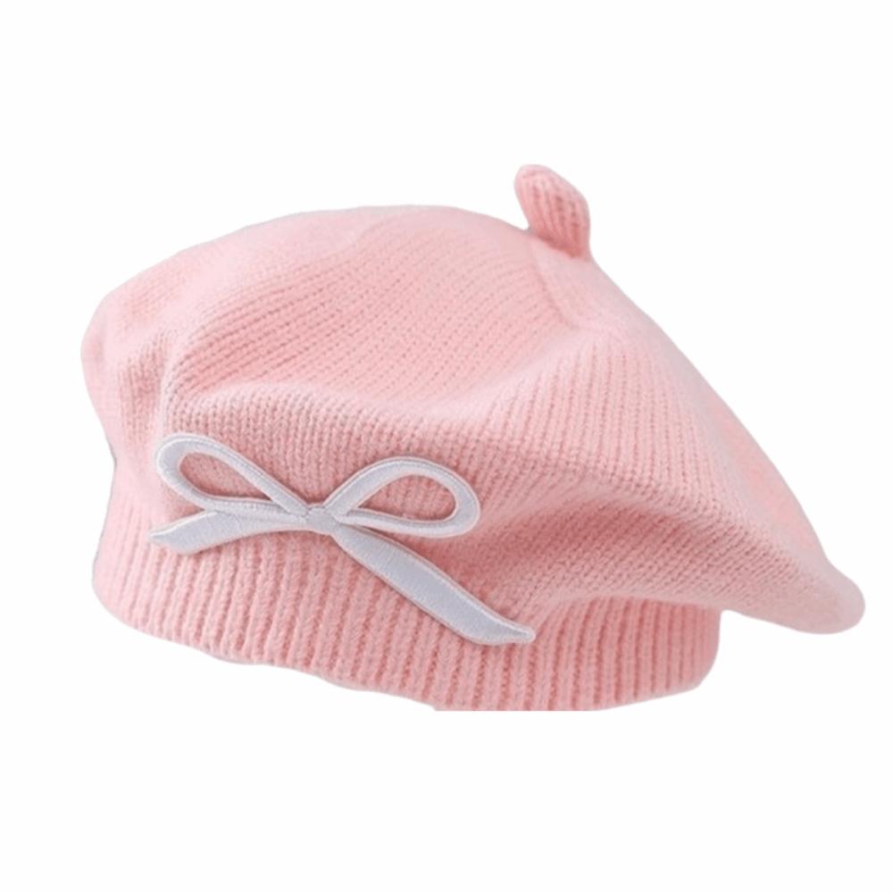 Soft Children Knitted Beret Elastic Beanie Cap Stylish Bow Embroidery Painter Hat  Gift