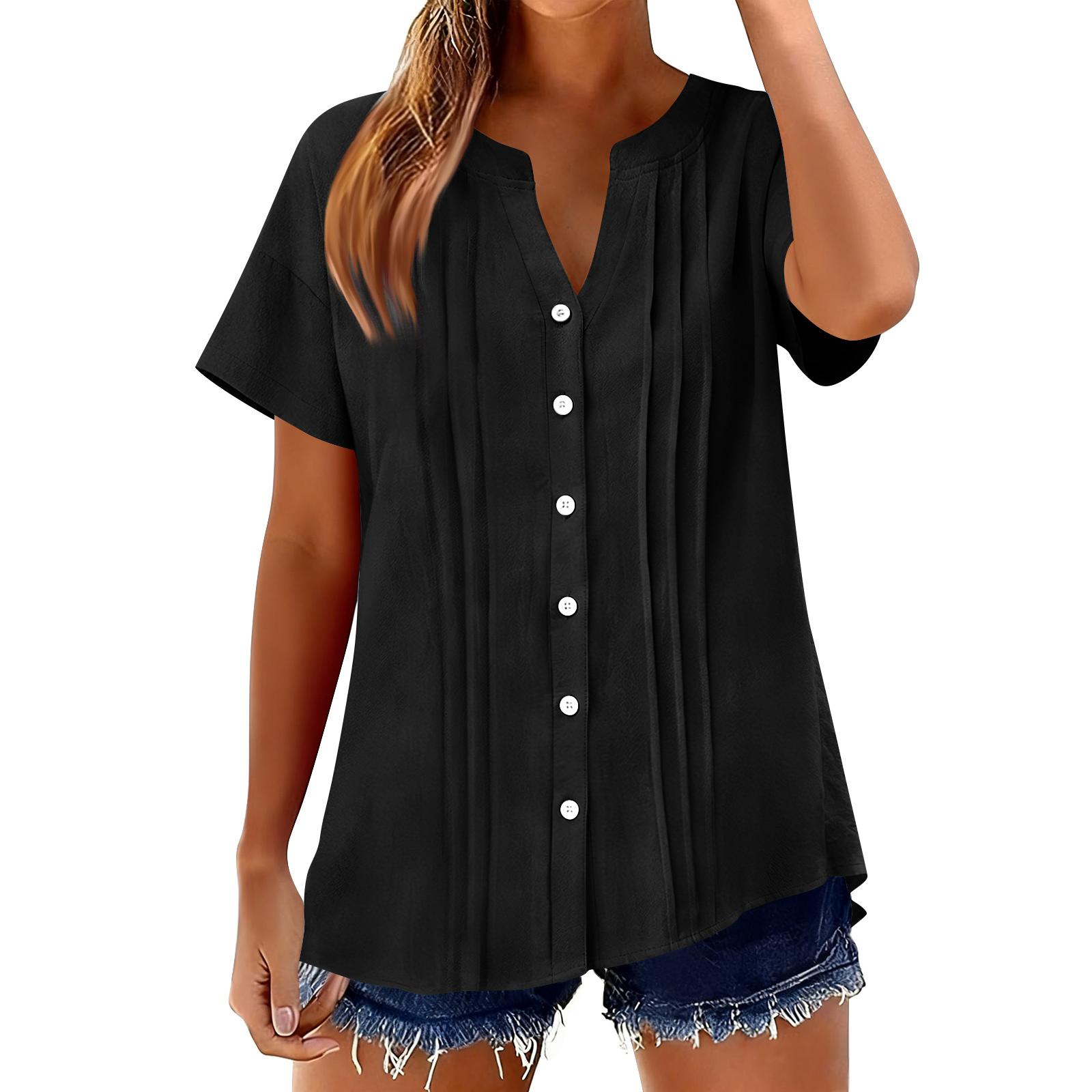 

Womens ShrotSleeveTops Cotton Linen Button Down Shirts V Neck Pleated Casual Loose Sleeve Shirt L чорний