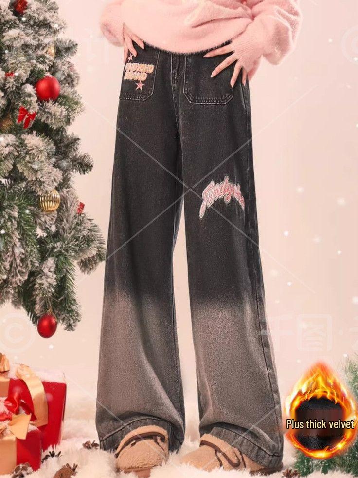 Women s Winter Velvet Gradient Embroidered Wide-Leg Jeans L черный серый