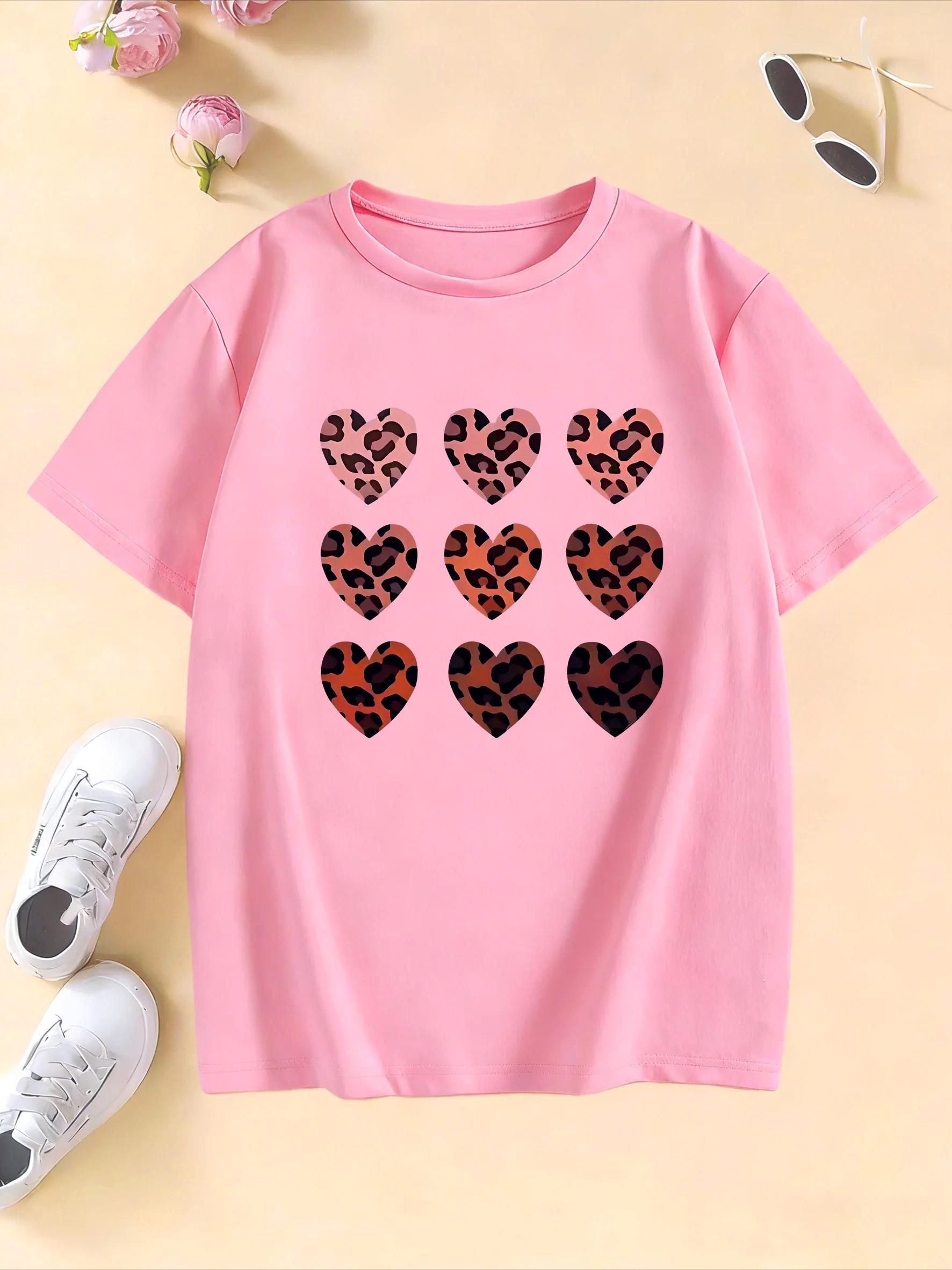 Y2k Love Heart Fashion Leopard T Shirts Graphic Short Sleeve Oneck Kids Childrens Tshirt Girls Summer Spring Casual Top Tees 100