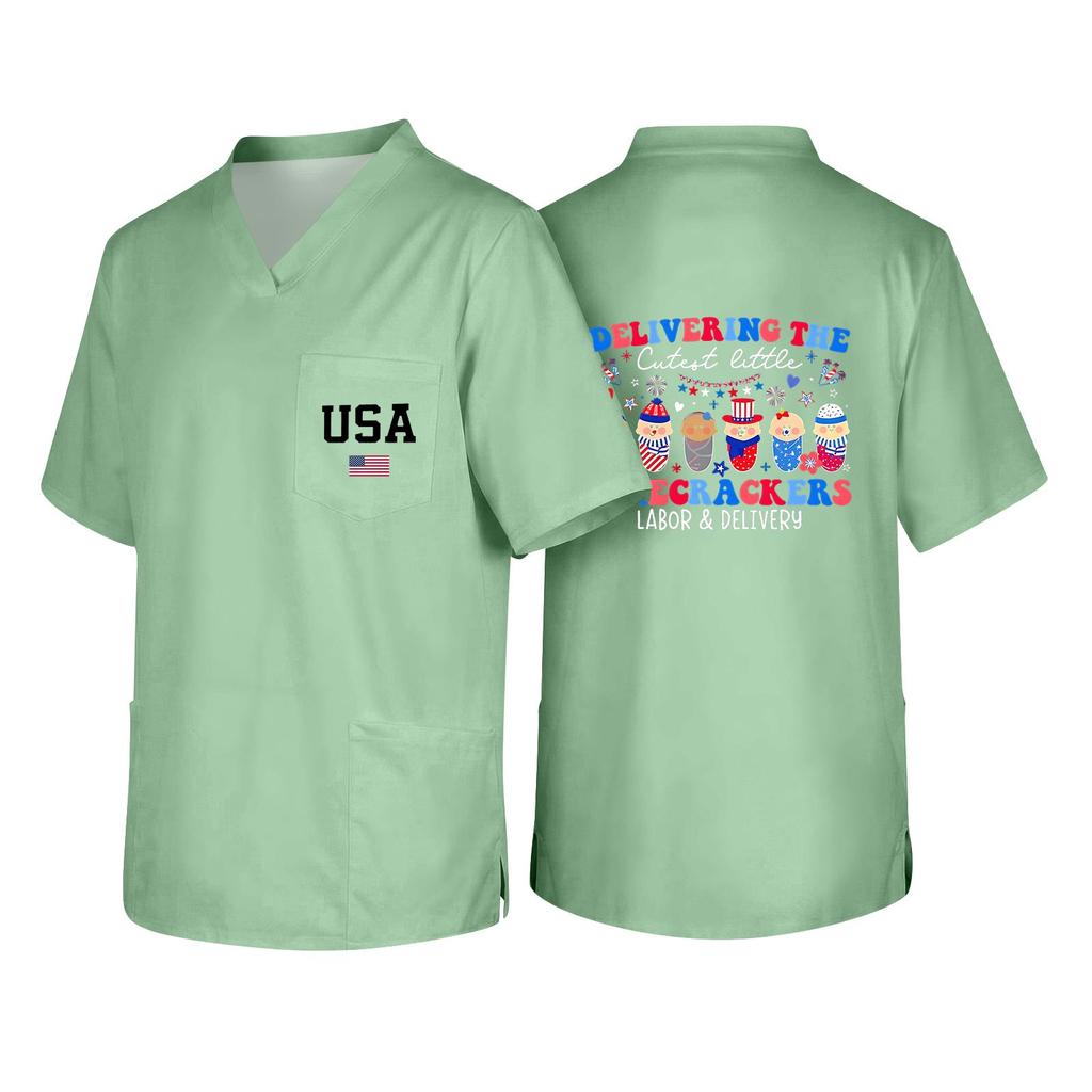 Men's V Neck Work Shirt Short Sleeve Pocket Top with USA Print Suitable for Healthcare and Labor Day Uniforms