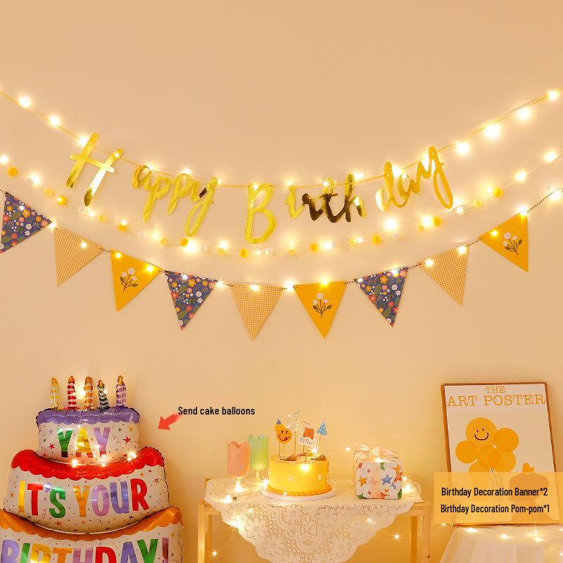 First Birthday Party Hanging Decoration: Happy Birthday Banner with Pom Poms and Bunting for Kids.