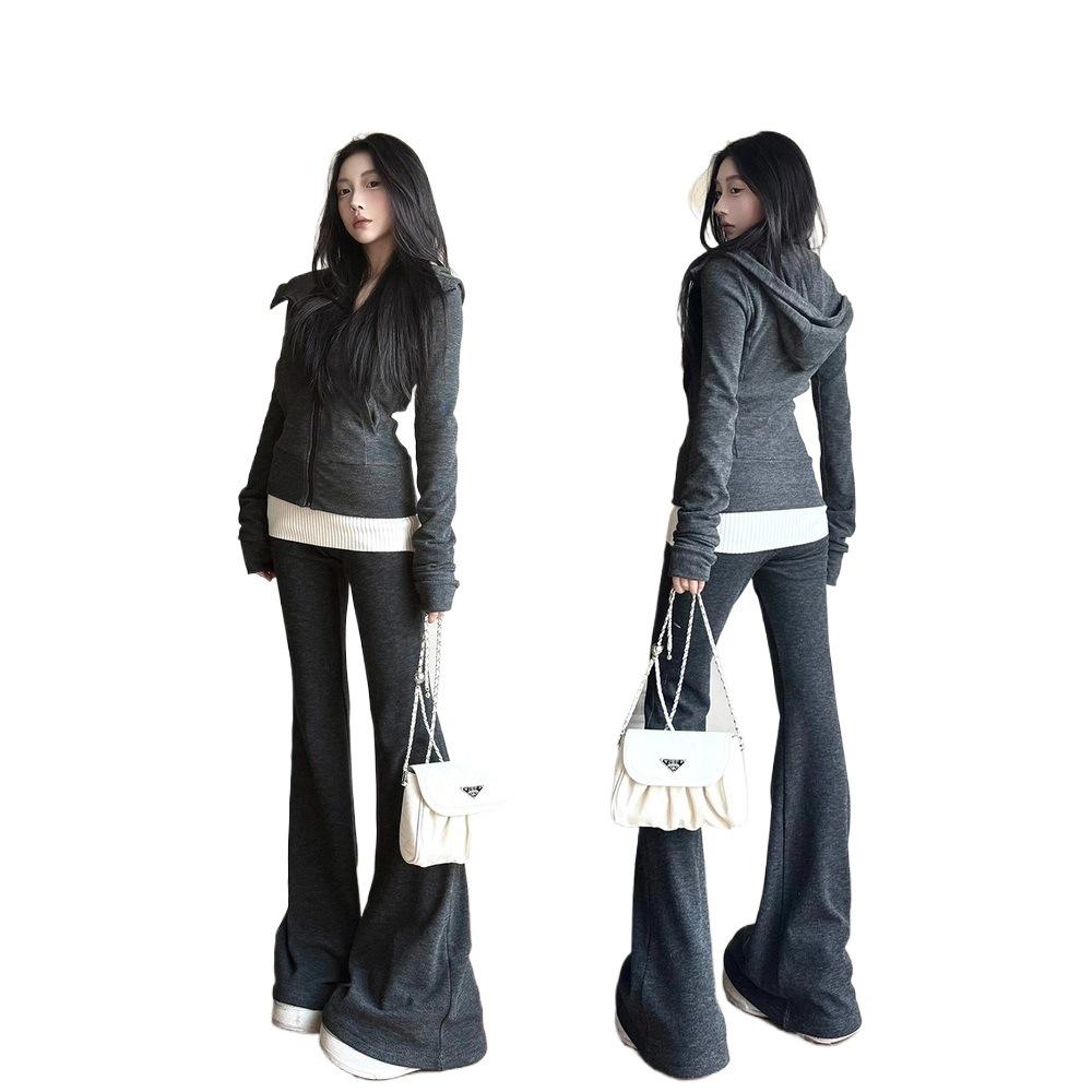 Autumn 2025 Women’s Street Style Slim Zip-Up Sweatshirt & Wide Leg Pants Set