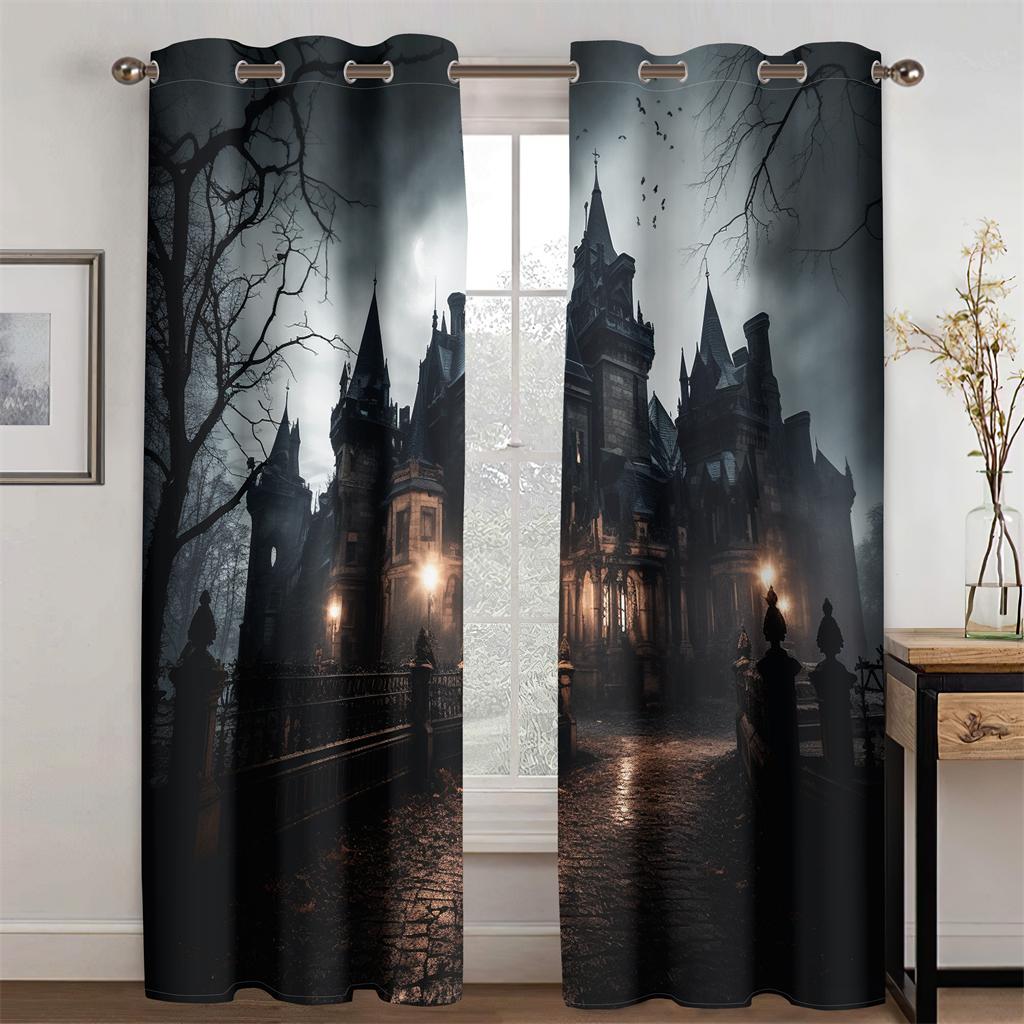 Halloween Horror Castle Curtains Gothic Architectural Style Curtains Ghost Pumpkin Living Room Bedroom Decor Curtains  2 Pcs