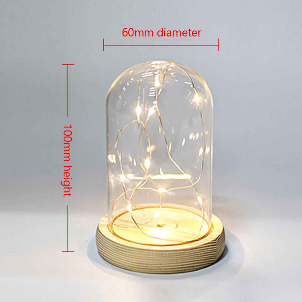 Szklana Kopuła Drewniana Podstawa Z Oświetleniem LED Wazon Krajobrazowy Pokrywa Cloche na Suszone Kwiaty Pojemnik Holder na Rośliny Sukulentowe DIY Wystrój Sypialni