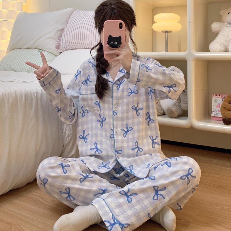 Trendy Bow Print Pajamas Women S Cloud Cotton Long-Sleeved Trousers Loungewear M