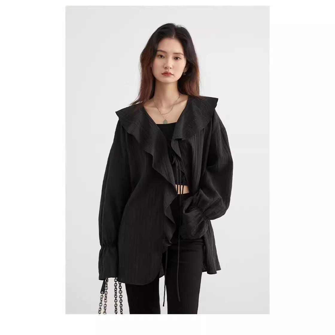 

CHICVEN Визуальное пространство Весенняя миди-рубашка из тенселя с оборками на рукавах и шнуровкой L чёрный