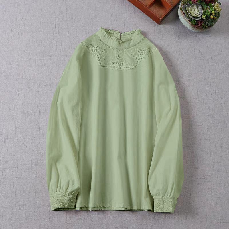 ZANZEA Damen Vintage Spitzen Stehkragen Langarm Blusen