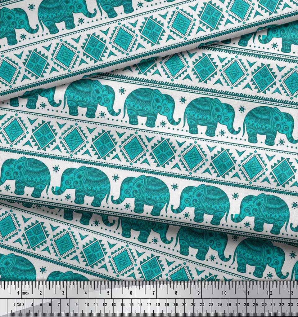 Soimoi Japan Crepe Satin Fabric Aztec & Tribal Elephant Ethnic Print Sewing Fabric Metre 42 Inch