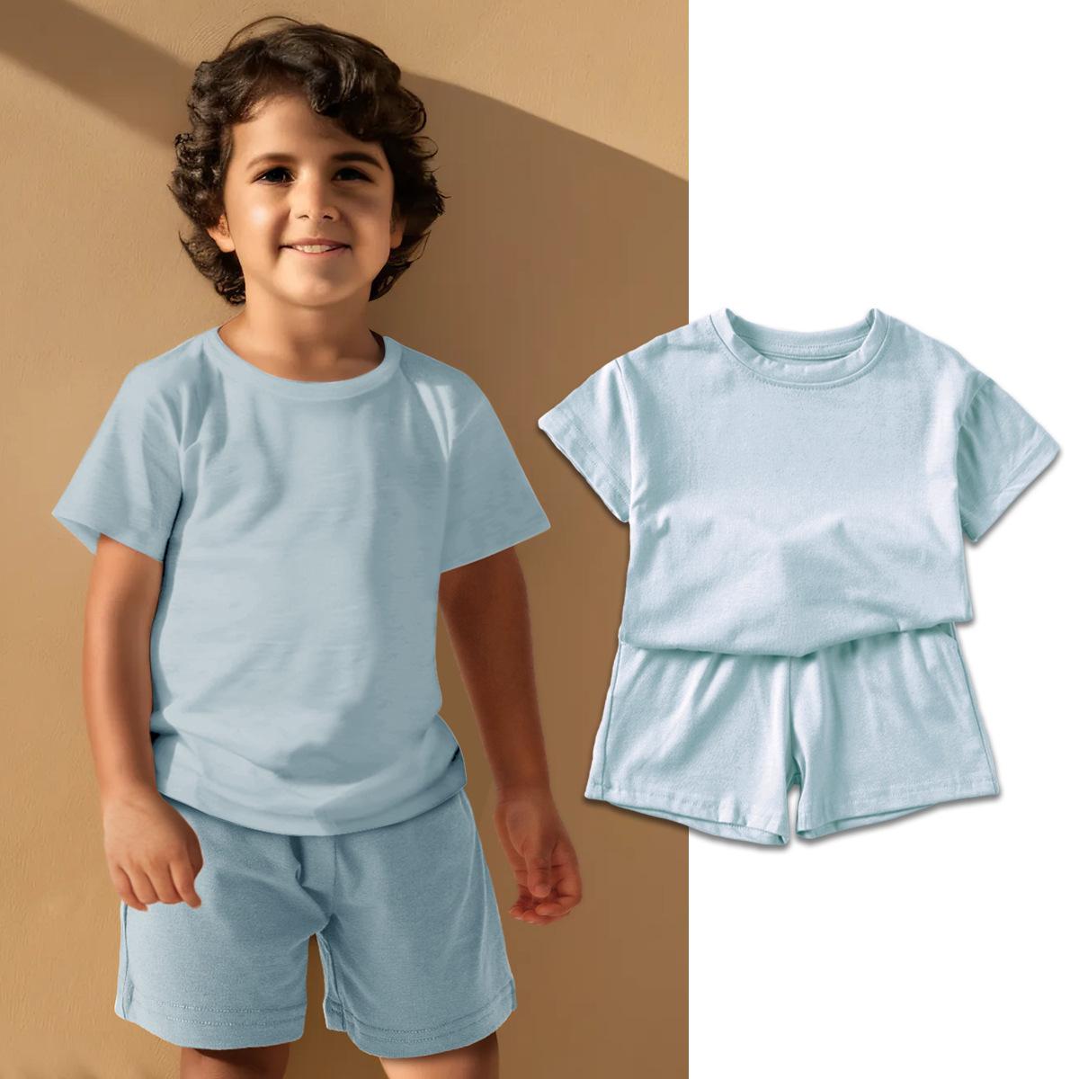 

Хлопковые шорты с коротким рукавом для мальчиков и девочек, однотонный комплект для отдыха, летний детский модный комплект 2025 года 100（2-3Y）
