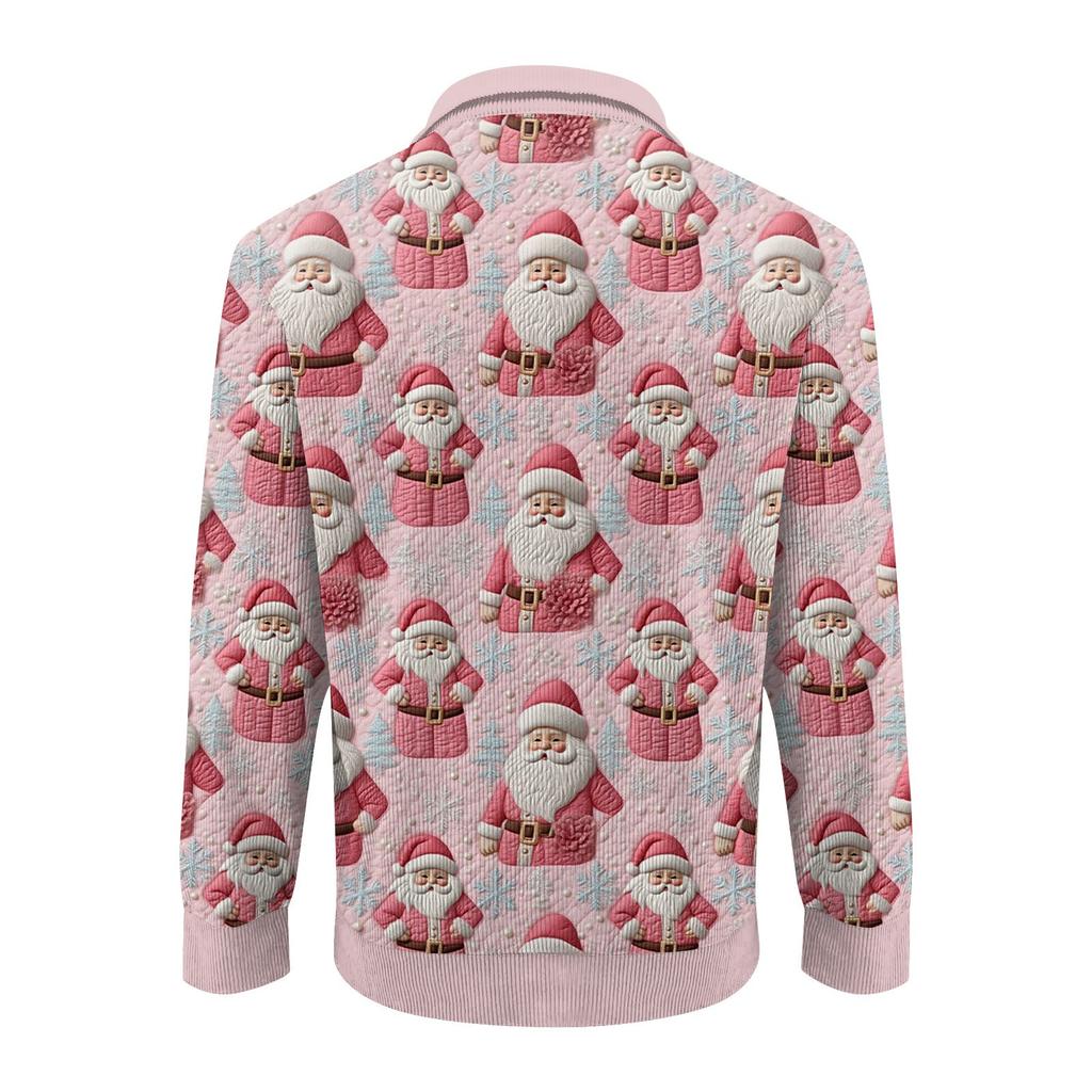 Men's Christmas Cotton Pullover Long Sleeve Outdoor Shirt Vintage Corduroy Button Stand Collar Shirt Casual Sweatshirt Christmas Print Top