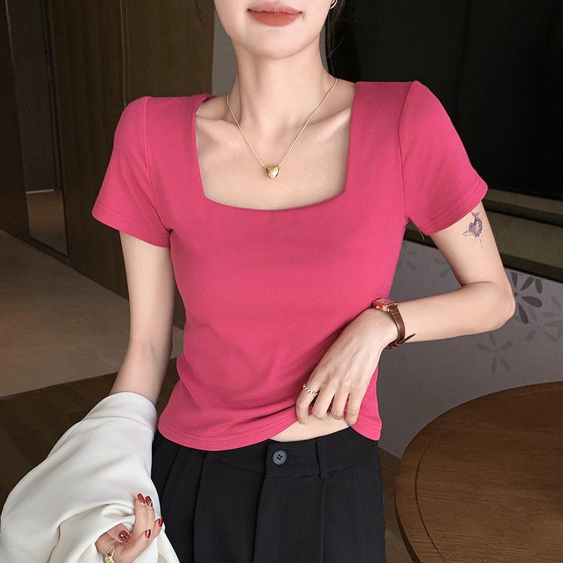 Square Neck Slim Fit Short Sleeve White T-Shirt for Women - Spring/Summer New Style