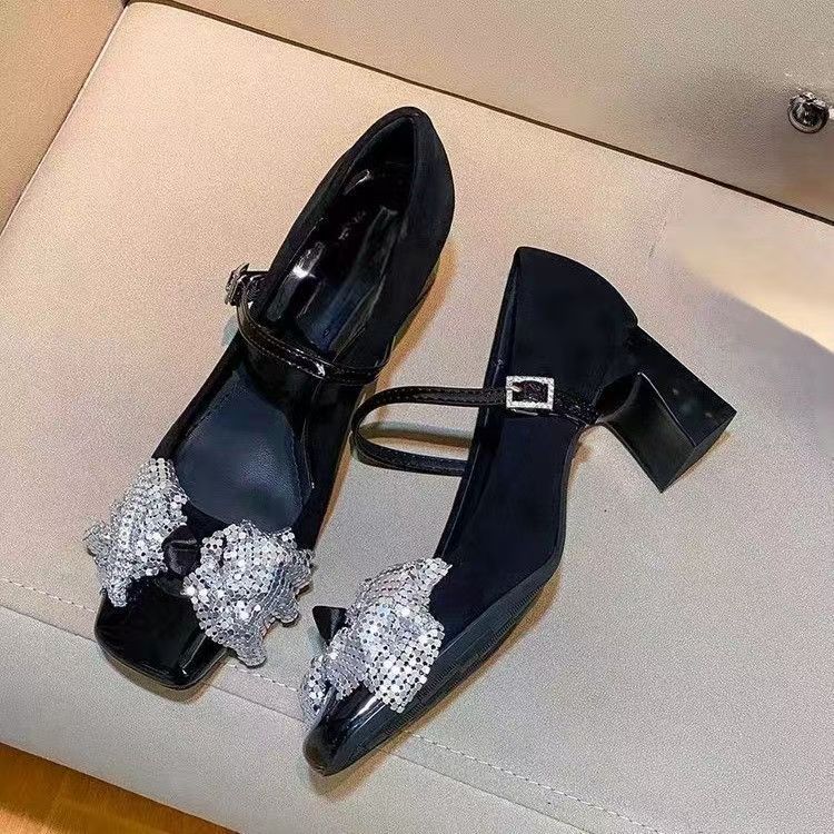 

Fashion Temperament Bow Mary Jane High Heels Women Spring and Autumn 2025 New Academy Style Skirt Block Heel Single Shoes 34 чёрный