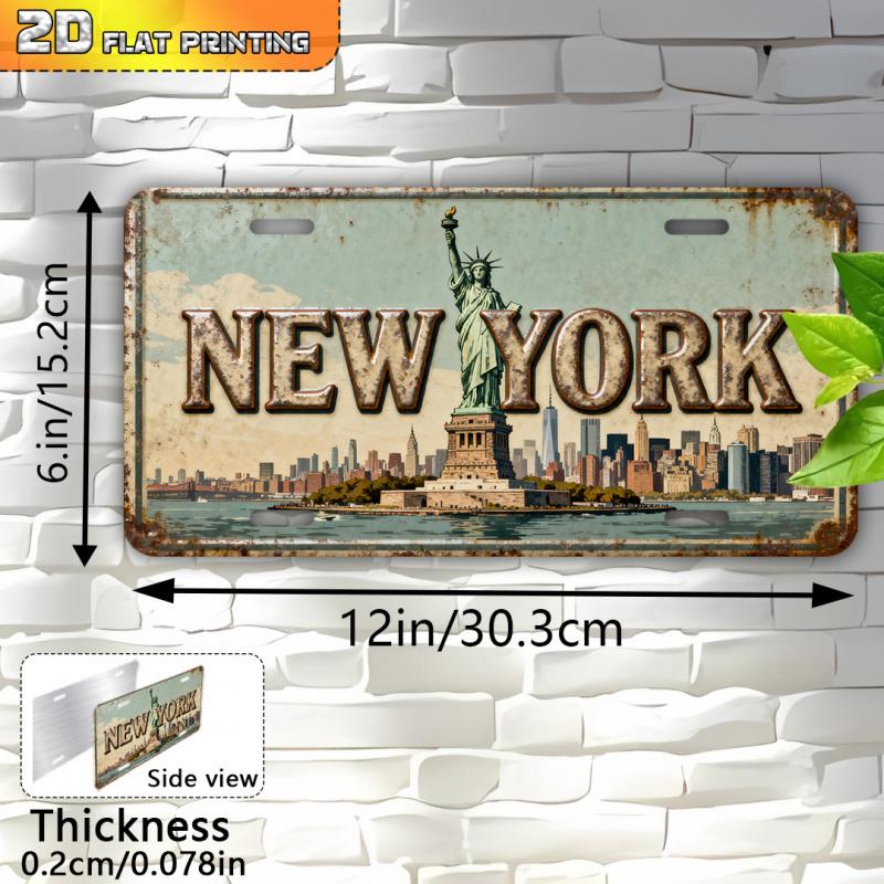 Cartello in Latta Hisun Segno Metallico in Alluminio HD Stile Targa Vintage Città di New York Decorazione da Parete Statua della Libertà Skyline Retro Design Invecchiato