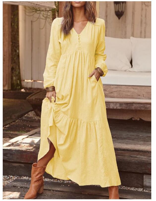 Women's V Neck Long Sleeve Maxi Dress Loose Fit Mid Waist Casual Flowy Shirt Dress Linen Cotton Fall Pleated Long Gown