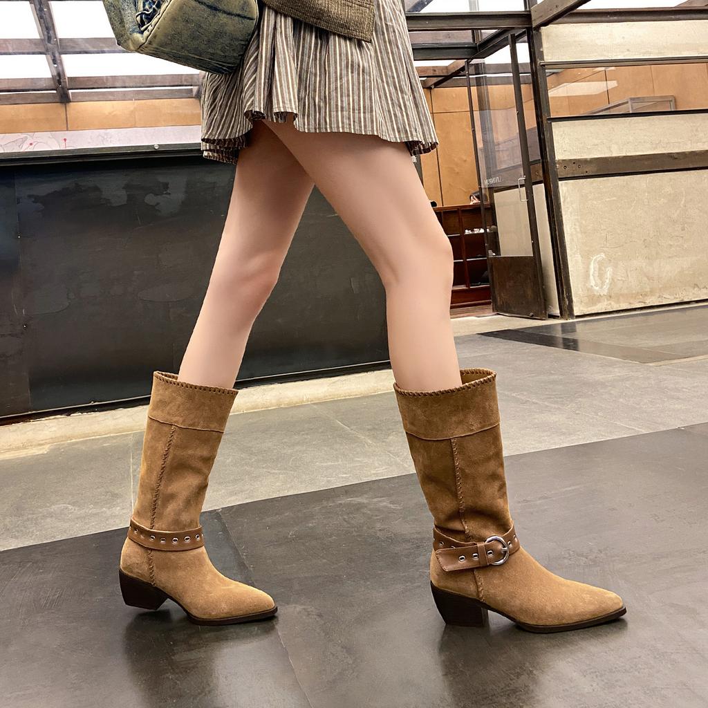 2025 New Vintage Brown Coarse Heel Belt Buckle Pointed Western Cowboy Boots Women's Medium Knight Boots Long Boots