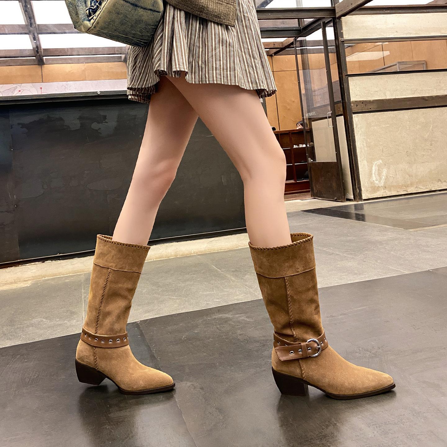 

2025 New Vintage Brown Coarse Heel Belt Buckle Pointed Western Cowboy Boots Women s Medium Knight Boots Long Boots 40 абрикосовый